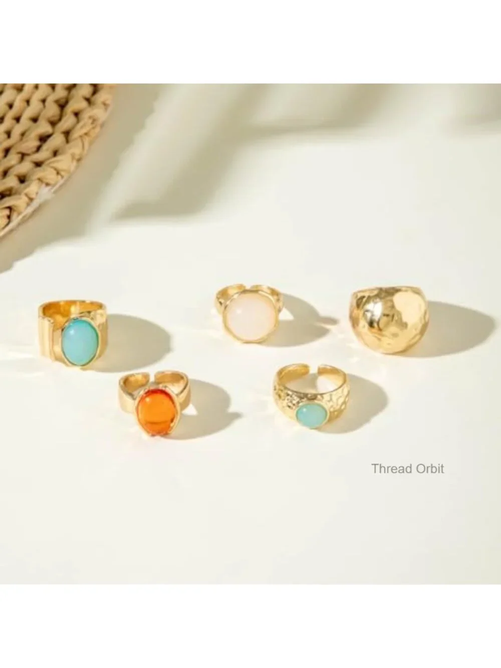 Chunky Gold Gemstone Ring Set Adjustable Stackable Statement Rings Geometric